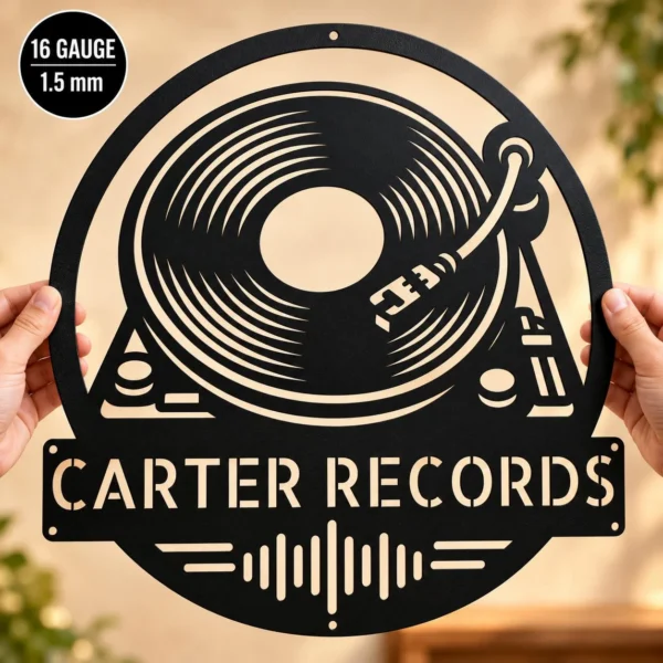 Custom Monster Old Music Turntable Metal Sign Vintage Vinyl Record Wall Decor Custom monster old music turntable metal sign with personalized name, vintage vinyl record wall decor and retro music art for collectors and music lovers.