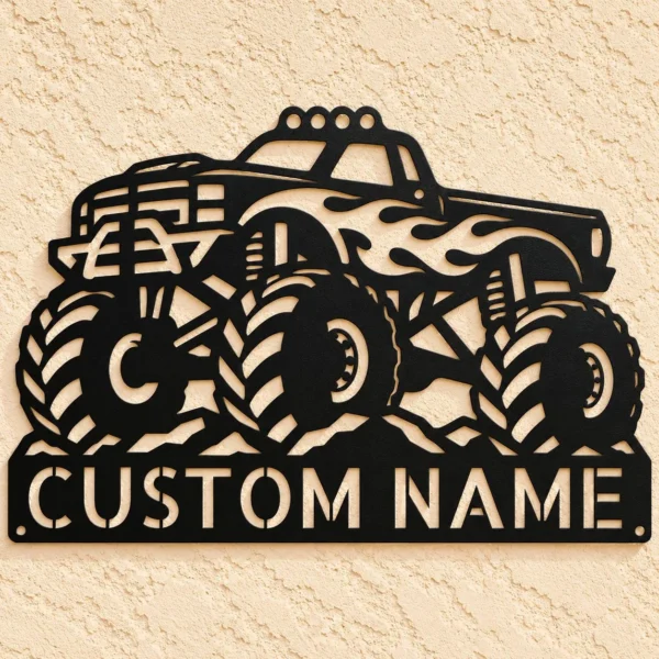 Personalized monster truck metal sign featuring a custom name, designed for garage wall decor, man caves, workshops, and motorsports-themed spaces.