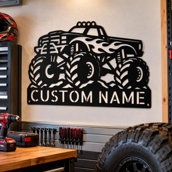 Custom Monster Truck Metal Sign Personalized Garage Man Cave Decor Personalized monster truck metal sign featuring a custom name, designed for garage wall decor, man caves, workshops, and motorsports-themed spaces.