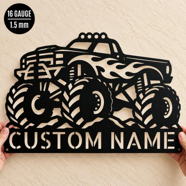 Custom Monster Truck Metal Sign Personalized Garage Man Cave Decor Personalized monster truck metal sign featuring a custom name, designed for garage wall decor, man caves, workshops, and motorsports-themed spaces.