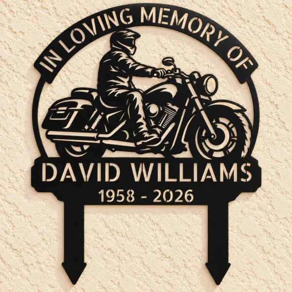Custom motorcycle memorial metal stake sign personalized with biker name and dates, motorcycle cemetery grave marker for outdoor remembrance and sympathy gifts.