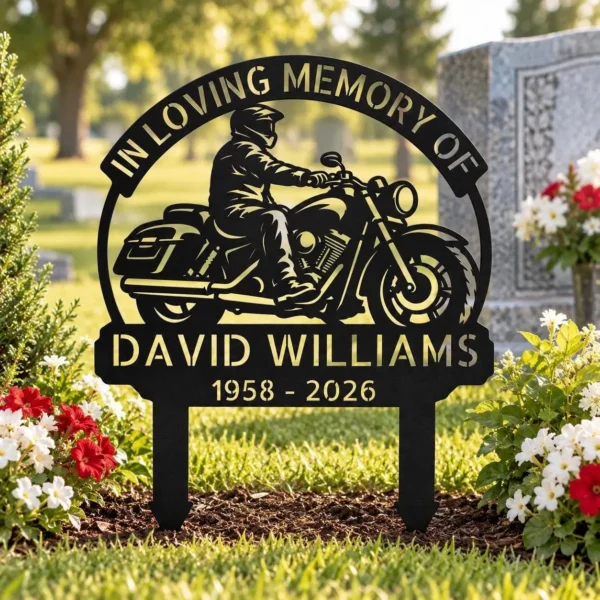 Custom Motorcycle Memorial Metal Stake Sign Personalized Biker Grave Marker Custom motorcycle memorial metal stake sign personalized with biker name and dates, motorcycle cemetery grave marker for outdoor remembrance and sympathy gifts.