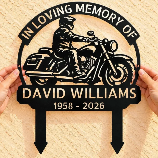 Custom Motorcycle Memorial Metal Stake Sign Personalized Biker Grave Marker Custom motorcycle memorial metal stake sign personalized with biker name and dates, motorcycle cemetery grave marker for outdoor remembrance and sympathy gifts.