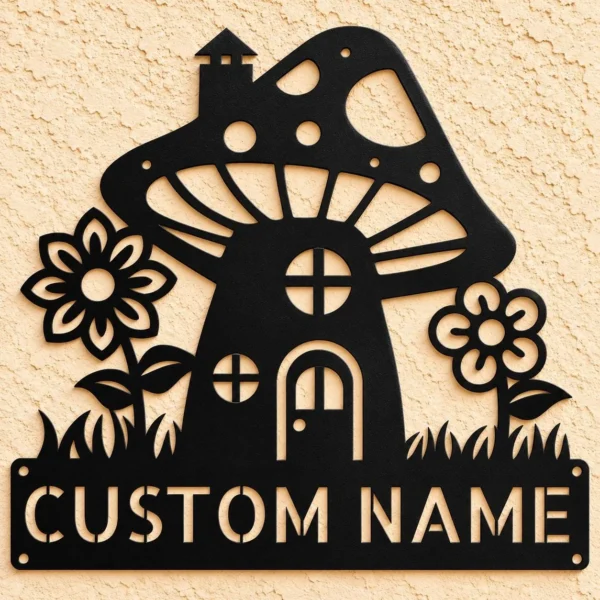 Custom Mushroom House Metal Sign Personalized Name Garden Wall Art Decor Gift Custom mushroom house metal sign in 16 gauge steel with personalized name for garden wall decor, fairy garden, patio, porch, cabin and gift art.