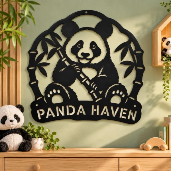 Custom Panda Metal Sign Personalized Cute Bear Kids Bedroom Wall Decor Custom panda metal sign personalized with a name, featuring a cute bear design for kids’ bedroom wall decor, nursery decorations, and playrooms.