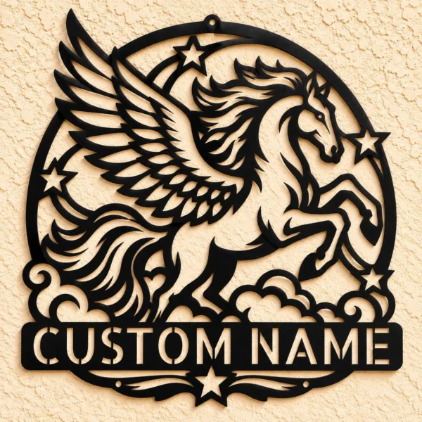 Custom Pegasus Metal Sign Personalized Winged Horse Fantasy Wall Decor Custom Pegasus metal sign personalized with name, majestic winged horse fantasy wall art for bedrooms, nurseries, Greek mythology enthusiasts and horse lovers.