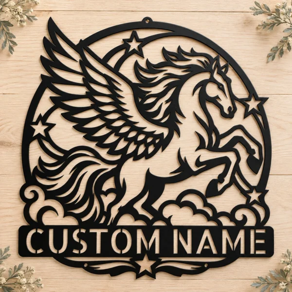 Custom Pegasus Metal Sign Personalized Winged Horse Fantasy Wall Decor Custom Pegasus metal sign personalized with name, majestic winged horse fantasy wall art for bedrooms, nurseries, Greek mythology enthusiasts and horse lovers.
