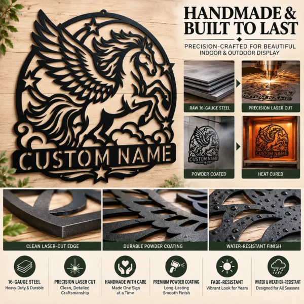 Custom Pegasus Metal Sign Personalized Winged Horse Fantasy Wall Decor Custom Pegasus metal sign personalized with name, majestic winged horse fantasy wall art for bedrooms, nurseries, Greek mythology enthusiasts and horse lovers.