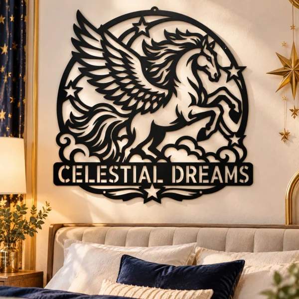 Custom Pegasus Metal Sign Personalized Winged Horse Fantasy Wall Decor Custom Pegasus metal sign personalized with name, majestic winged horse fantasy wall art for bedrooms, nurseries, Greek mythology enthusiasts and horse lovers.