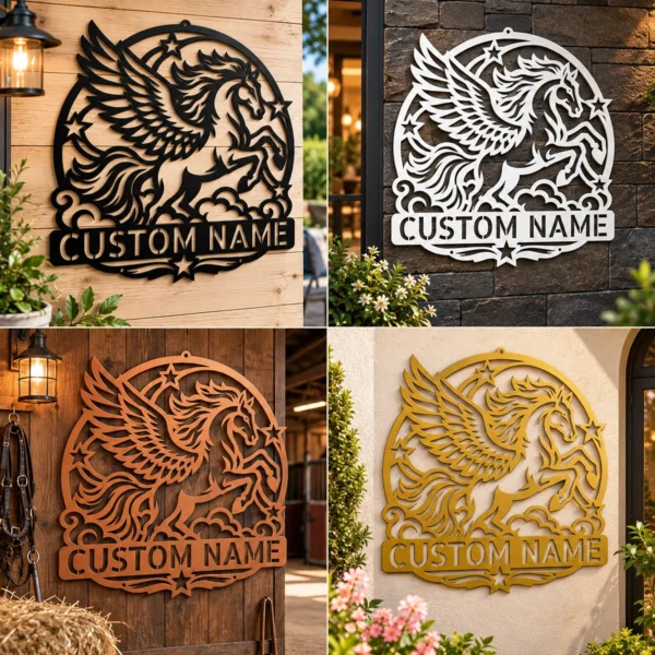 Custom Pegasus Metal Sign Personalized Winged Horse Fantasy Wall Decor Custom Pegasus metal sign personalized with name, majestic winged horse fantasy wall art for bedrooms, nurseries, Greek mythology enthusiasts and horse lovers.
