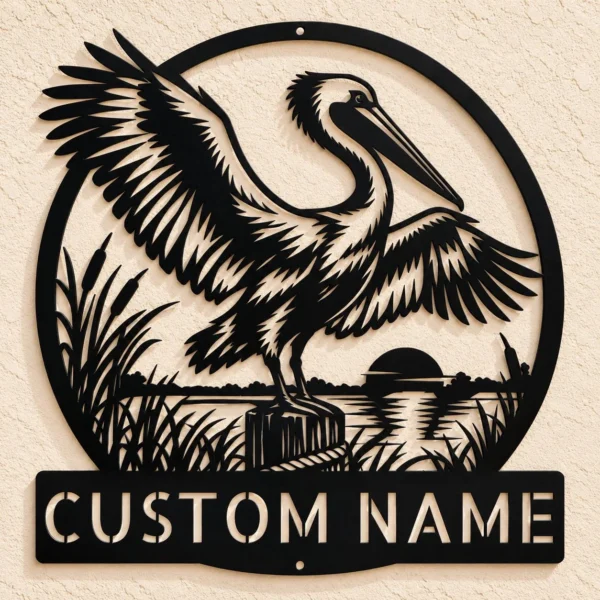 Custom pelican bird metal art sign made from 16 gauge steel. Custom coastal wall decor for beach homes, cottages, patios, and nautical gift ideas.