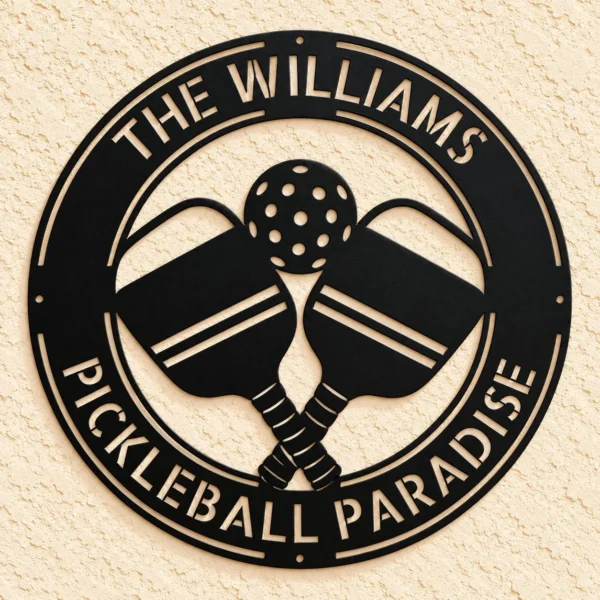 Custom pickleball metal sign personalized with player or court name, unique wall decor for pickleball courts, clubs, game rooms and player gifts.