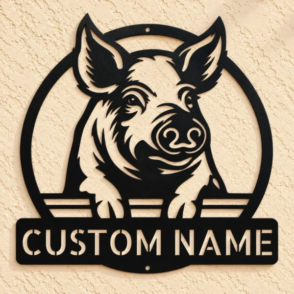 Custom Pig Metal Sign Farmhouse Art Decor Custom pig metal sign in 16 gauge steel for farmhouse wall decor, laser-cut animal plaque for barn, kitchen, rustic home and gift art.