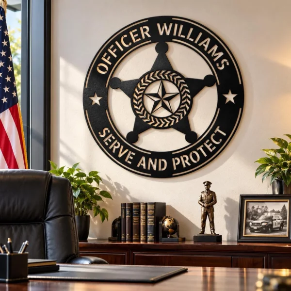 Custom Police Badge Metal Sign Personalized Law Enforcement Officer Wall Decor Custom police badge metal sign personalized with officer name, badge number or department, law enforcement wall decor and police retirement gift.