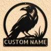 Custom raven bird metal sign with personalized name or memorial message, gothic crow wall decor and bird art for homes, gardens and memorial spaces.
