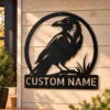 Custom raven bird metal sign with personalized name or memorial message, gothic crow wall decor and bird art for homes, gardens and memorial spaces.