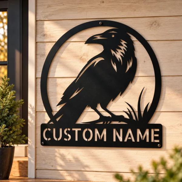 Custom raven bird metal sign with personalized name or memorial message, gothic crow wall decor and bird art for homes, gardens and memorial spaces.