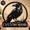 Custom raven bird metal sign with personalized name or memorial message, gothic crow wall decor and bird art for homes, gardens and memorial spaces.
