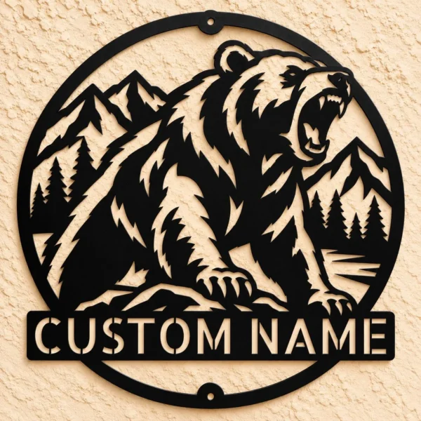 Custom Roaring Bear Metal Sign Personalized Grizzly Mountain Wall Decor Custom roaring bear metal sign personalized with family or cabin name, fierce grizzly bear mountain wall decor for rustic cabins, hunting lodges and wildlife lovers.