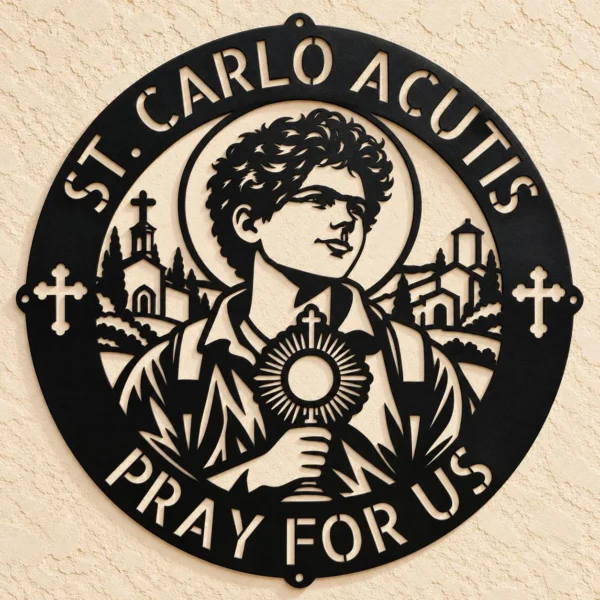 Custom Saint Carlo Acutis metal sign featuring a faith-inspired design, ideal for Catholic wall art, prayer rooms, church decor, and religious gifts.