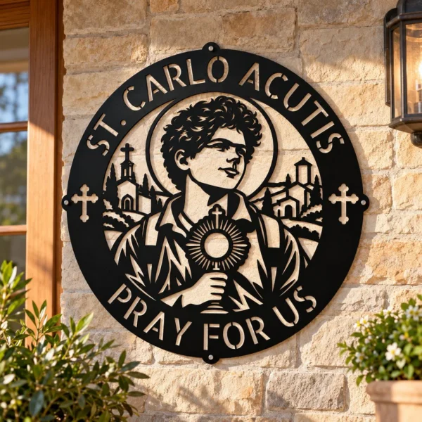 Custom Saint Carlo Acutis Metal Sign Personalized Catholic Wall Art Decor Custom Saint Carlo Acutis metal sign featuring a faith-inspired design, ideal for Catholic wall art, prayer rooms, church decor, and religious gifts.