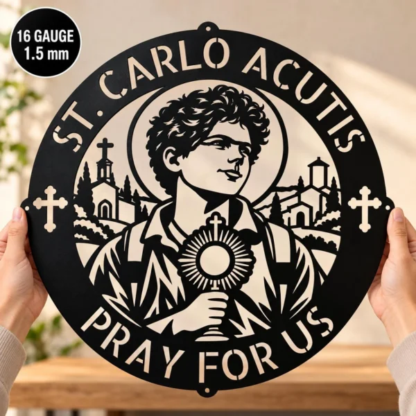 Custom Saint Carlo Acutis Metal Sign Personalized Catholic Wall Art Decor Custom Saint Carlo Acutis metal sign featuring a faith-inspired design, ideal for Catholic wall art, prayer rooms, church decor, and religious gifts.