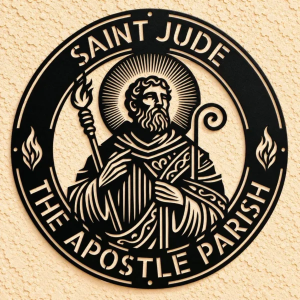 Custom Saint Judas Metal Art Sign in 16 gauge steel for religious wall decor, Catholic home plaque for prayer space, faith and gift art.