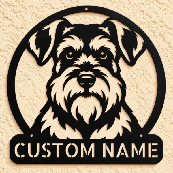 Custom Schnauzer dog metal sign personalized with a pet name, featuring laser-cut dog wall art for pet lovers, homes, and dog-themed decor.