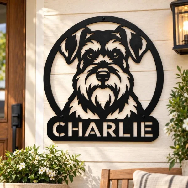 Custom Schnauzer Dog Metal Sign Personalized Pet Name Wall Decor Custom Schnauzer dog metal sign personalized with a pet name, featuring laser-cut dog wall art for pet lovers, homes, and dog-themed decor.