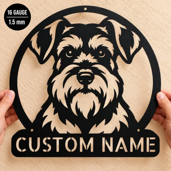 Custom Schnauzer Dog Metal Sign Personalized Pet Name Wall Decor Custom Schnauzer dog metal sign personalized with a pet name, featuring laser-cut dog wall art for pet lovers, homes, and dog-themed decor.