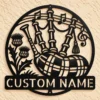 Personalized Scottish bagpipes metal sign featuring custom text, ideal for Celtic music wall decor, Scottish heritage displays, music rooms, and pubs.