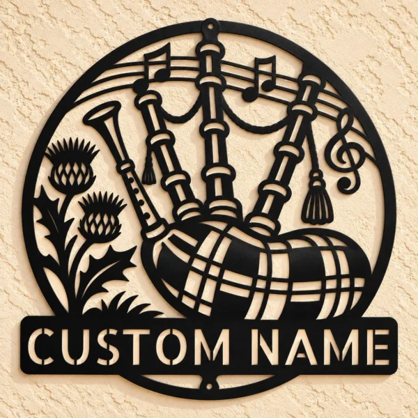 Personalized Scottish bagpipes metal sign featuring custom text, ideal for Celtic music wall decor, Scottish heritage displays, music rooms, and pubs.