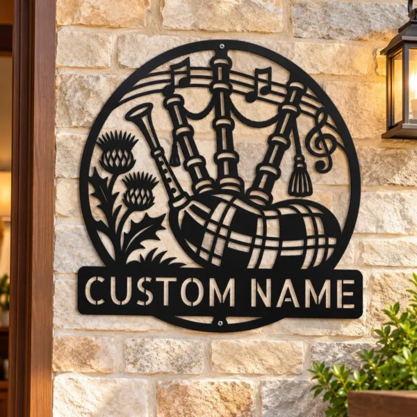 Personalized Scottish bagpipes metal sign featuring custom text, ideal for Celtic music wall decor, Scottish heritage displays, music rooms, and pubs.