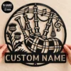 Personalized Scottish bagpipes metal sign featuring custom text, ideal for Celtic music wall decor, Scottish heritage displays, music rooms, and pubs.