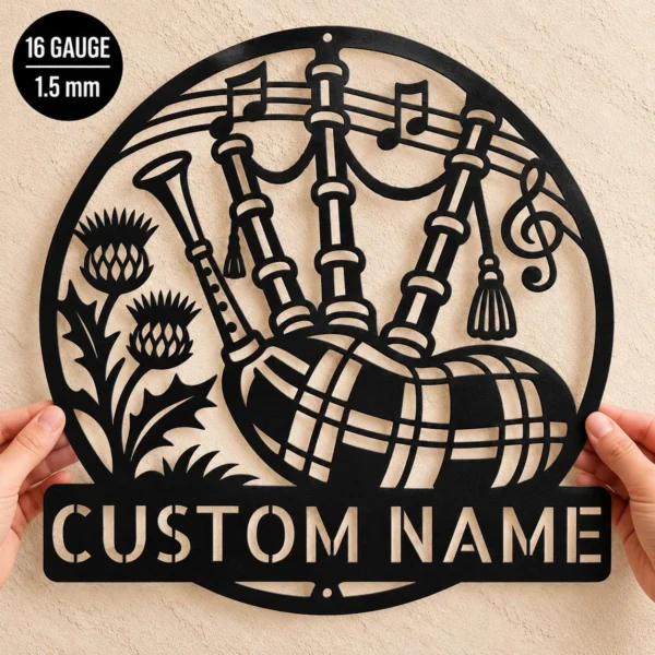 Personalized Scottish bagpipes metal sign featuring custom text, ideal for Celtic music wall decor, Scottish heritage displays, music rooms, and pubs.
