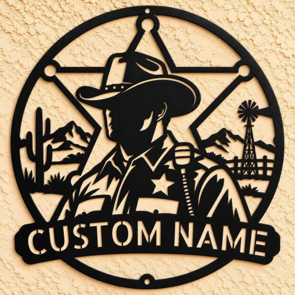 Custom sheriff metal sign personalized with name or ranch text, Western cowboy wall decor for ranches, barns, cabins, saloons and Old West-themed homes.