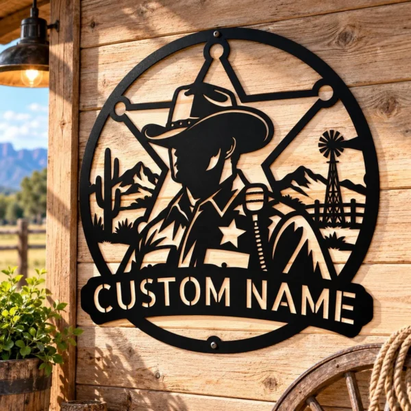 Custom Sheriff Metal Sign Personalized Western Cowboy Ranch Wall Decor Custom sheriff metal sign personalized with name or ranch text, Western cowboy wall decor for ranches, barns, cabins, saloons and Old West-themed homes.