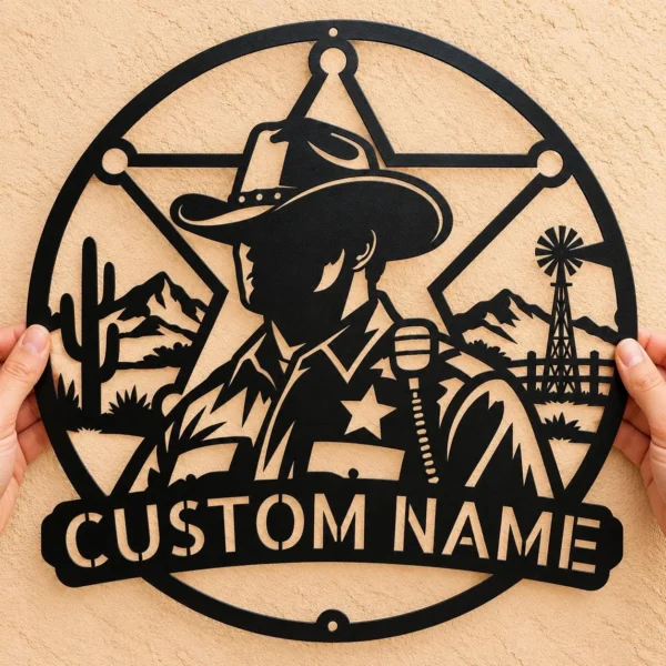 Custom Sheriff Metal Sign Personalized Western Cowboy Ranch Wall Decor Custom sheriff metal sign personalized with name or ranch text, Western cowboy wall decor for ranches, barns, cabins, saloons and Old West-themed homes.