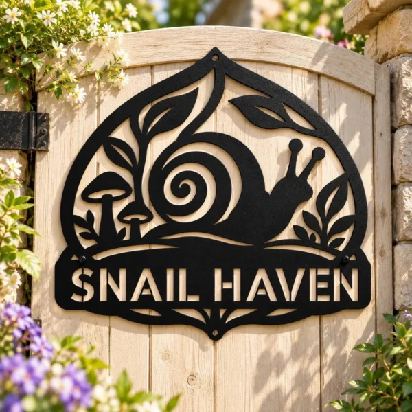 Custom Snail Metal Sign Personalized Garden Yard Outdoor Wall Decor Personalized snail metal sign personalized with a name, featuring whimsical laser-cut garden wall art for outdoor decor, patios, yards, and nature lovers.