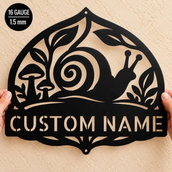 Custom Snail Metal Sign Personalized Garden Yard Outdoor Wall Decor Personalized snail metal sign personalized with a name, featuring whimsical laser-cut garden wall art for outdoor decor, patios, yards, and nature lovers.