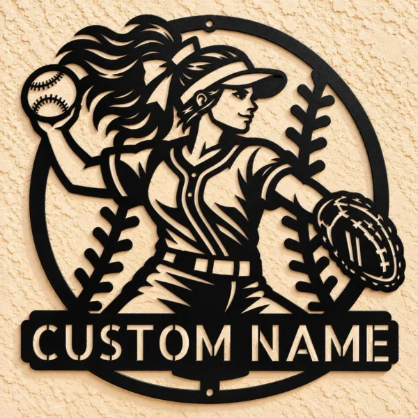 Custom softball player metal sign personalized with girl's name, jersey number or team, female softball wall art for bedrooms, sports rooms and player gifts.