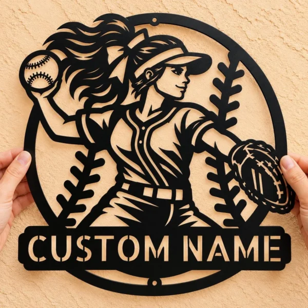 Custom Softball Player Metal Sign Personalized Girls Team Wall Art Decor Custom softball player metal sign personalized with girl's name, jersey number or team, female softball wall art for bedrooms, sports rooms and player gifts.