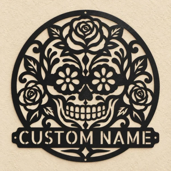 Custom Sugar Skull Metal Sign Personalized Day Of The Dead Wall Decor Custom sugar skull metal sign personalized with name, decorative floral skull design for Día de los Muertos wall decor, home altars and Mexican folk art gifts.