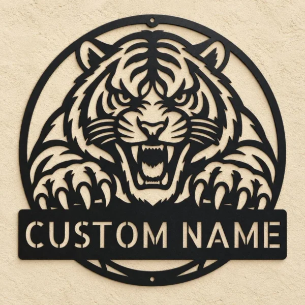 Custom Tiger Metal Sign Personalized Roaring Tiger Claws Wall Decor Custom tiger metal sign personalized with name, featuring roaring tiger and bold claw design, wildlife wall decor for gyms, man caves and tiger lovers.