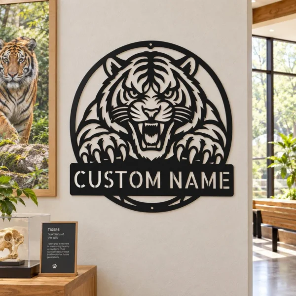 Custom Tiger Metal Sign Personalized Roaring Tiger Claws Wall Decor Custom tiger metal sign personalized with name, featuring roaring tiger and bold claw design, wildlife wall decor for gyms, man caves and tiger lovers.