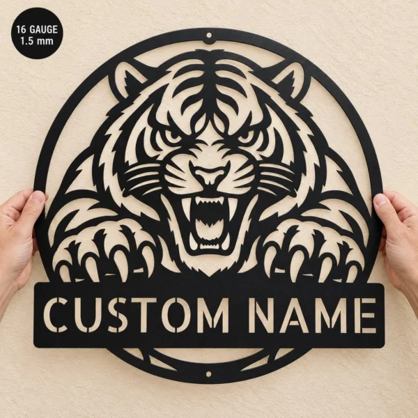 Custom Tiger Metal Sign Personalized Roaring Tiger Claws Wall Decor Custom tiger metal sign personalized with name, featuring roaring tiger and bold claw design, wildlife wall decor for gyms, man caves and tiger lovers.