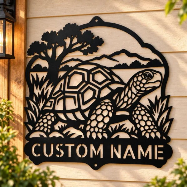 Custom Tortoise Metal Sign Personalized Turtle Garden Outdoor Wall Decor Custom tortoise metal sign personalized with a name, featuring laser-cut turtle wall art for garden decor, outdoor walls, patios, and animal lovers.