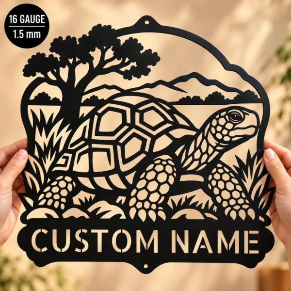 Custom Tortoise Metal Sign Personalized Turtle Garden Outdoor Wall Decor Custom tortoise metal sign personalized with a name, featuring laser-cut turtle wall art for garden decor, outdoor walls, patios, and animal lovers.
