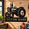 Custom tractor metal sign featuring a farm name or custom text, ideal for farmhouse wall decor, barns, garages, country yards, and rural homes.