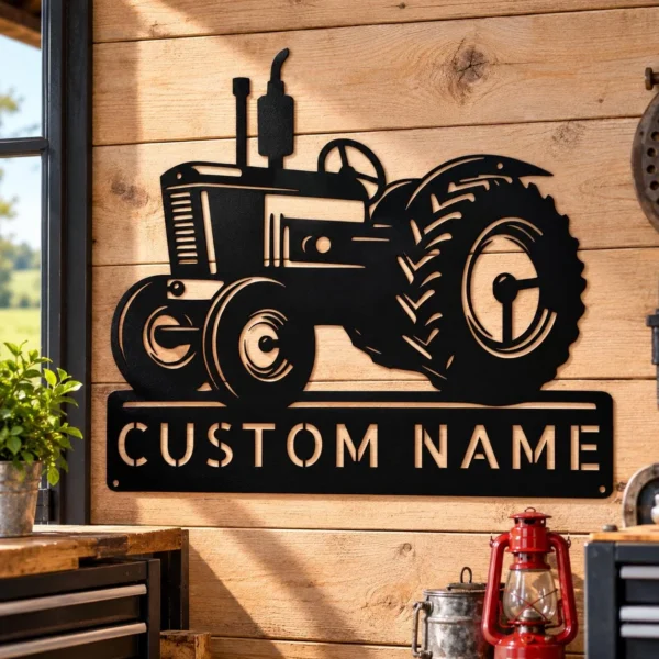 Custom tractor metal sign featuring a farm name or custom text, ideal for farmhouse wall decor, barns, garages, country yards, and rural homes.